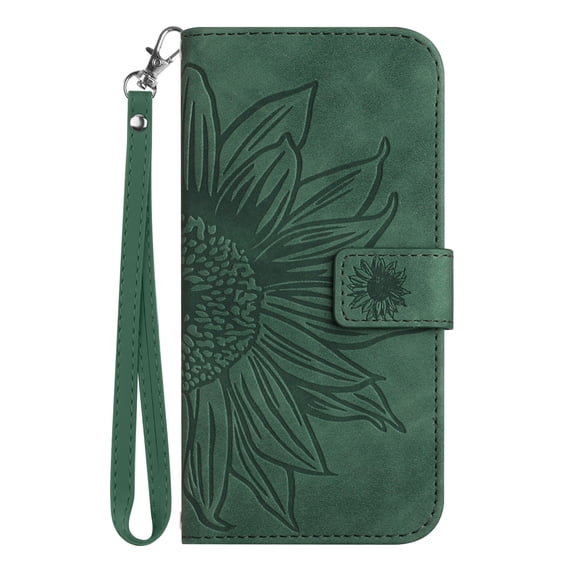 Allytech for Google Pixel 7 Case, Embossed Sunflower PU Leather Anti-Scratch Shockproof Magnetic Snap Protective Hand Strap Case for Google Pixel 7 5G 2022 (6.4 inch), Green