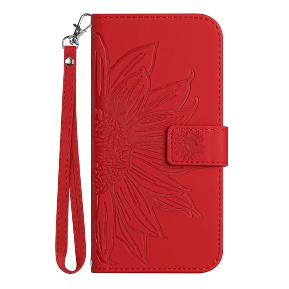 Allytech for Google Pixel 7 Case, Embossed Sunflower PU Leather Anti-Scratch Shockproof Magnetic Snap Protective Hand Strap Case for Google Pixel 7 5G 2022 (6.4 inch), Red