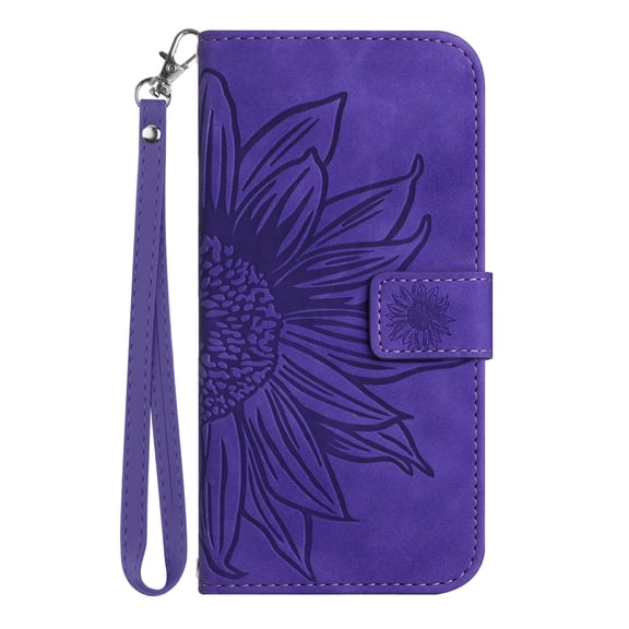 Allytech for Google Pixel 7 Case, Embossed Sunflower PU Leather Anti-Scratch Shockproof Magnetic Snap Protective Hand Strap Case for Google Pixel 7 5G 2022 (6.4 inch), Darkpurple