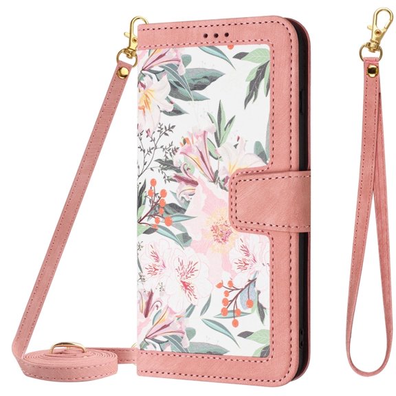 Allytech Floral Pattern Leather Wallet Cell Phone Case with Cards Slots Shoulder Strap Hand Wrist for Google Google Pixel 7, Pink
