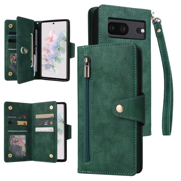 Allytech Google Pixel 7 Wallet Case with Zipper Pocket, Luxury PU Leather Flip Cover with Card Slots & Wrist Strap, Shockproof Kickstand Magnetic Buckle Protective Case for Women Men, Green