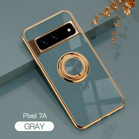 Allytech for Google Pixel 7A Case 2023, Ring Holder Electroplated Plating Silicone Edge 360 Rotation Kickstand Slim Soft Flexible TPU Protective Cover for Google Pixel 7a 5G 6.1-inch,Gray