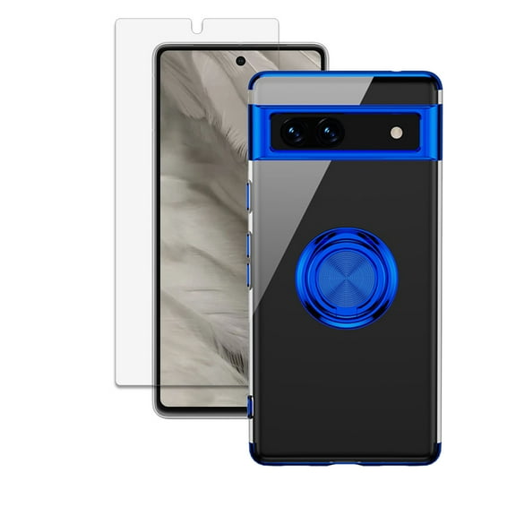 Allytech Google Pixel 7A Case with Ring Holder + 1 Pcs Tempered Glass Screen Protector - Shockproof Anti-Scratch Back Cover Case for Google Pixel 7A 6.1" - Blue