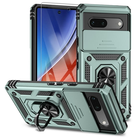 Allytech Google Pixel 7A Case with Screen Protector, Slide Camera Protective Cover Ring Holder Stand Compatible with Car Mount Shockproof Anti-Scratch Case Cover for Google Pixel 7A 6.1" - Darkgreen