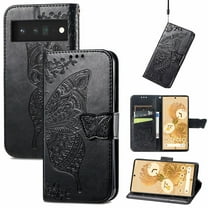 Allytech Google Pixel 8 Flip Wallet Case, Luxury PU Leather [Butterfly & Flower Embossed] Magnetic Clasp Stand Case Built-in Card Slots & Cash Pocket, Shockproof Wrist Strap Case, Black
