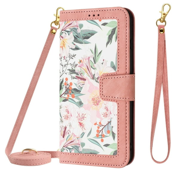 Allytech for Google Pixel 8 Pro Wallet Case, Premium PU Leather Cards Slots Shoulder Strap Hand Wrist Fashion Floral Pattern Wallet Phone Case for Google Pixel 8 Pro - Pink