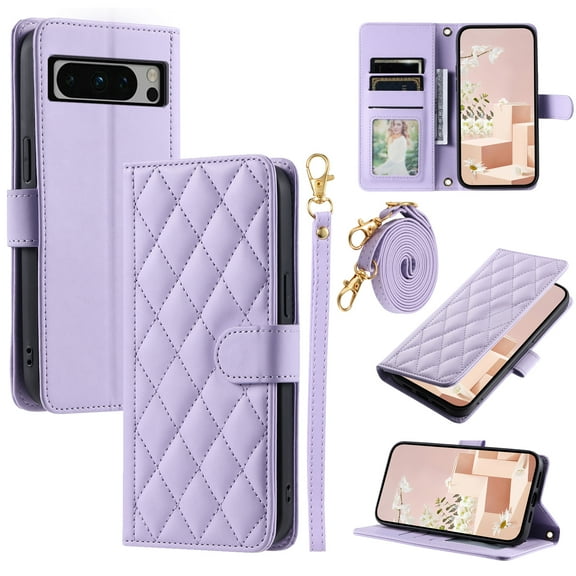 Allytech Google Pixel 9 / 9 Pro Slim Wallet Case, Luxury PU Leather Kickstand Case with Detachable Shoulder & Wrist Strap, Cash Card Slots Magnetic Clasp Case for Google Pixel 9 / 9 Pro - Purple