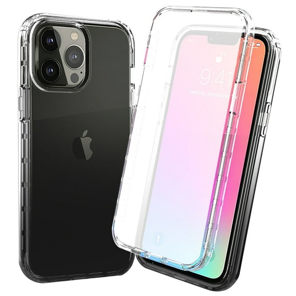 Allytech Gradient Clear Case for iPhone 13 Pro - Built-in Screen Protector - Hard PC + Flexible TPU Hybrid Shockproof Anti-Scratch Full Body Protection No Yellowing Ultra Slim Case - Black