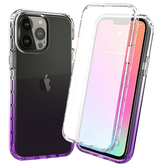 Allytech Gradient Clear Case for iPhone 13 Pro Max - Built-in Screen Protector - Hard PC + Flexible TPU Hybrid Shockproof Anti-Scratch Full Body Protection No Yellowing Ultra Slim Case - Purple