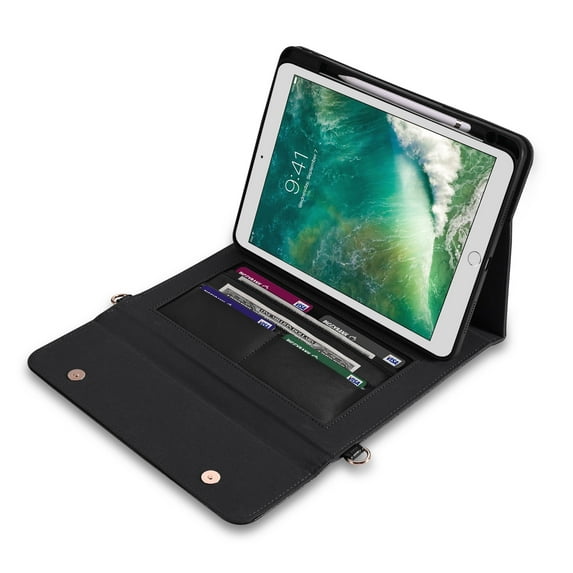 Allytech Handbag Case for iPad 9/8/7 Gen 2021/2020/2019 with Card Slots Zipper Pocket Kicktand Function Crossbody Shoulder Strap Handstrap Phone Bag Case for iPad 10.2 2021/2020/2019,Black