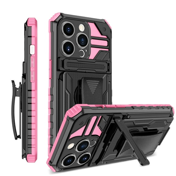 Allytech Heavy Duty Case for iPhone 14 Plus, Rugged PC Soft TPU Shockproof Anti-Drop Protective Lens Protection Slim Case with Built-in Kickstand Detachable Back Clip Phone Cover,Pink