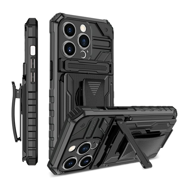 Allytech Heavy Duty Case for iPhone 14 Plus, Rugged PC Soft TPU Shockproof Anti-Drop Protective Lens Protection Slim Case with Built-in Kickstand Detachable Back Clip Phone Cover,Black