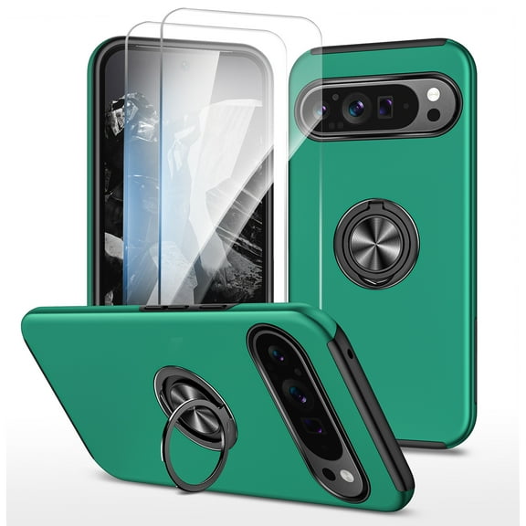 Allytech Hybrid Case for Google Pixel 10 /10 Pro with 360° Rotatable Ring Kickstand, 2 Pcs Screen Protector, Screen Lens Protection Shockproof Anti-Fall Magnetic Car Mount Back Case - Darkgreen