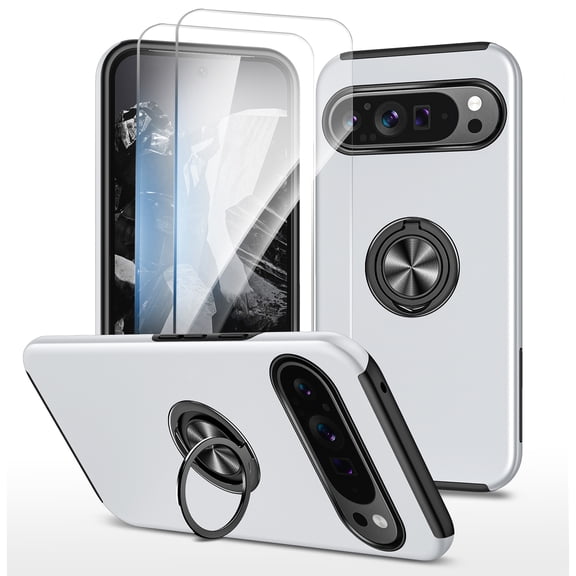 Allytech Hybrid Case for Google Pixel 10 /10 Pro with 360° Rotatable Ring Kickstand, 2 Pcs Screen Protector, Screen Lens Protection Shockproof Anti-Fall Magnetic Car Mount Back Case - Silver