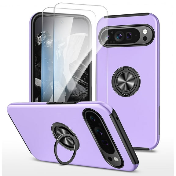Allytech Hybrid Case for Google Pixel 10 Pro XL with 360° Rotatable Ring Kickstand, 2 Pcs Screen Protector, Screen Lens Protection Shockproof Anti-Fall Magnetic Car Mount Back Case - Purple