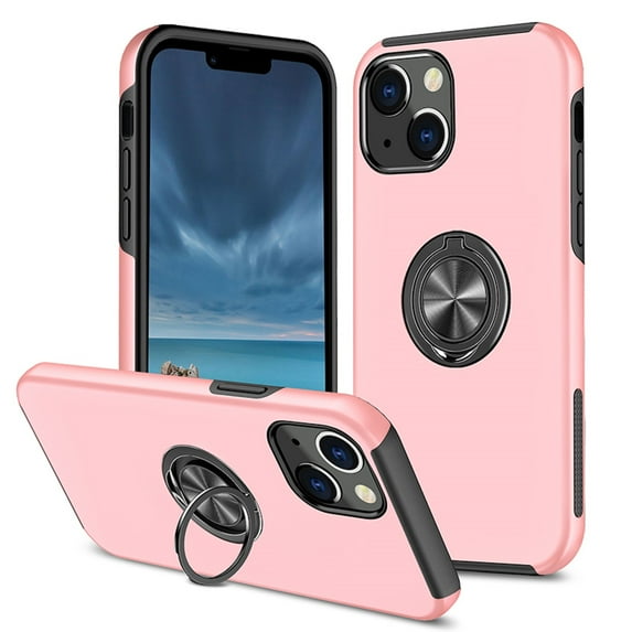 Allytech Hybrid Case for iPhone 14 with 360° Rotatable Ring Kickstand, Soft TPU + Rugged PC, Screen Lens Protection Shockproof Anti-Fall Magnetic Car Mount Back Case - Rosegold