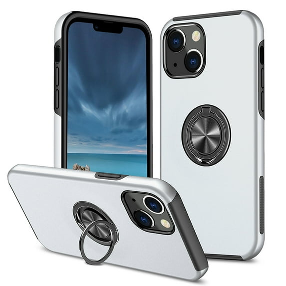 Allytech Hybrid Case for iPhone 15 Plus with 360° Rotatable Ring Kickstand, Soft TPU + Rugged PC, Screen Lens Protection Shockproof Anti-Fall Magnetic Car Mount Back Case - Silver