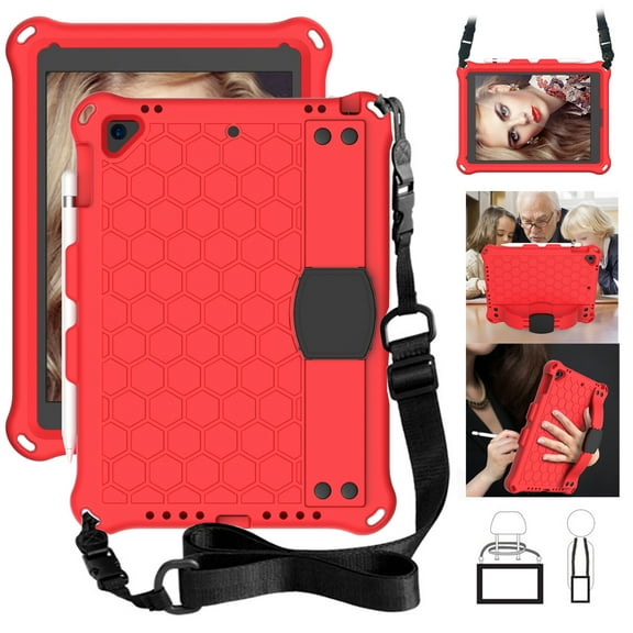 Allytech Kiddie Case for iPad 9.7 6th 5th Generation, iPad Air 1 / Air 2, Rugged Shockproof Heavy Duty Protective Silicone Back Cover with Kickstand Pencil Holder Shoulder Strap for Kids,Red