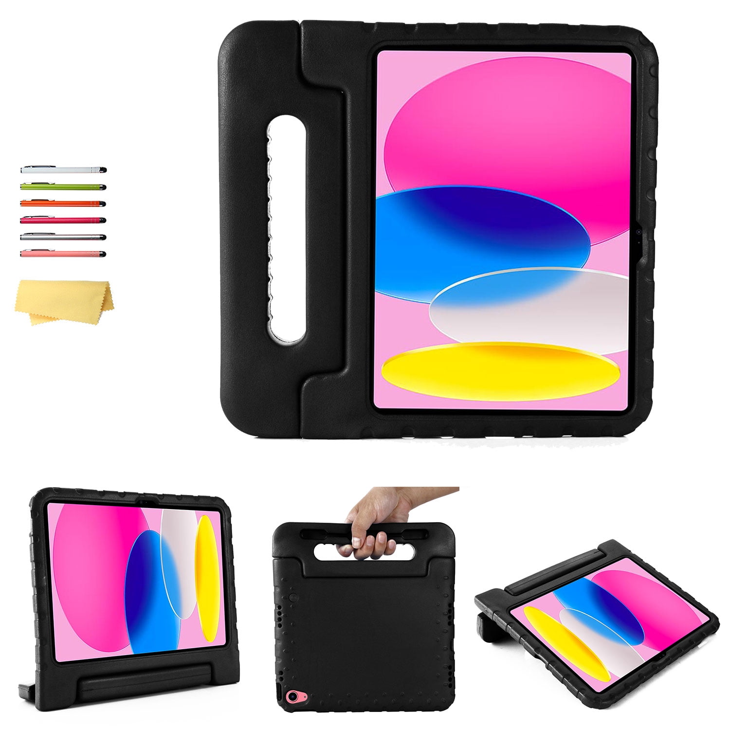 Allytech Kids Case for Apple iPad 10th Generation 10.9 inch 2022 with Pencil Holder/Rotating Stand Handle/Foldable Kickstand Kid-Proof Girl Boy Soft EVA Foam Shockproof Rugged Heavy Duty Cover, Black