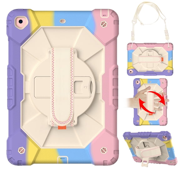 Allytech Kids Case for iPad 9th/8th/7th Gen 2021/2020/2019 Cover with Pencil Holder/ Shoulder Strap, 360°Rotating Kickstand Hand Strap Rugged PC + TPU Shockproof Case for iPad 10.2", Colorful Pink