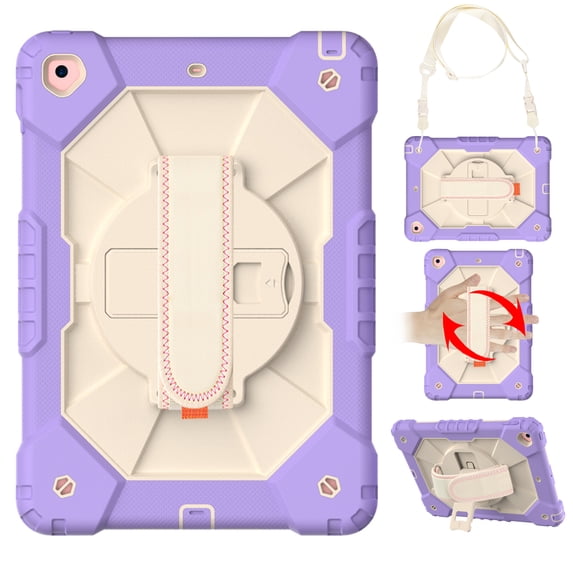 Allytech Kids Case for iPad 9th/8th/7th Gen 2021/2020/2019 Cover with Pencil Holder/ Shoulder Strap, 360°Rotating Kickstand Hand Strap Rugged PC + TPU Shockproof Case for iPad 10.2", Purple Beige