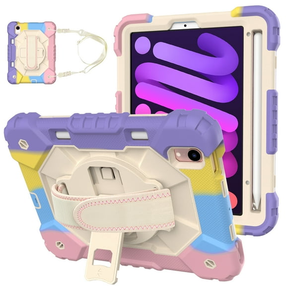 Allytech Kids Case for iPad Mini 6th Gen 2021 Cover with Pencil Holder/ Shoulder Strap, 360°Rotating Kickstand Hand Strap Rugged PC + TPU Shockproof Case for iPad Mini 8.3" 2021, Colorful Pink