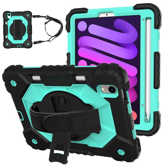 Allytech Kids Case for iPad Mini 6th Gen 2021 Cover with Pencil Holder/ Shoulder Strap, 360°Rotating Kickstand Hand Strap Rugged PC + TPU Shockproof Case for iPad Mini 8.3" 2021, Black Mint