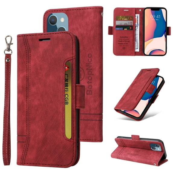 Allytech Leather Wallet Case for iPhone 14 Plus with Card Slots Holders Kickstand Magnetic Closure Detachable Handstrap Lanyard Shockproof Purse Case For iPhone 14 Plus,Red