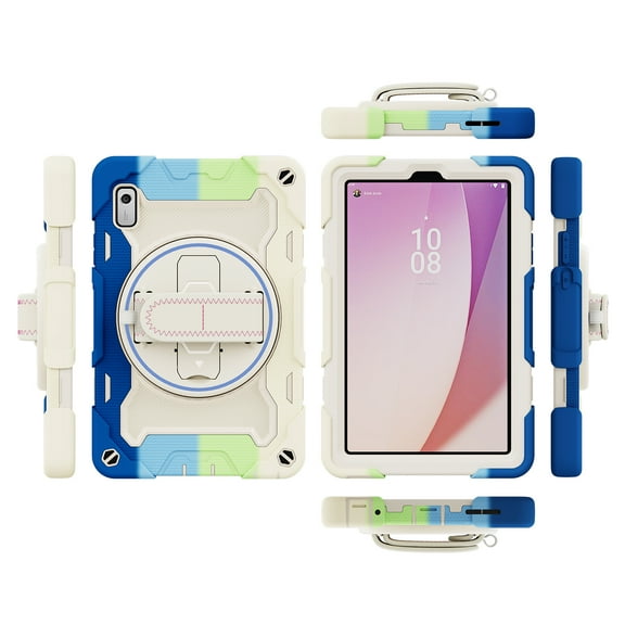 Allytech for Lenovo Tab M9 9.0" 2023 Rugged Case, Heavy Duty Protective 360° Rotating Stand Case with Pencil Holder & Hand Strap, Soft Silicone Shockproof Anti-Drop Case - Rainbow Blue