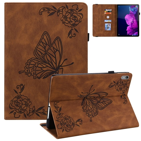 Allytech Lenovo Tab P11 Case 11-inch TB-J606F/ TB-J606X, PU Leather Slim Butterfly Embossed Kickstand Shockproof Shock Absorption Anti-scratch Case Cover for Lenovo Tab P11 11", Brown