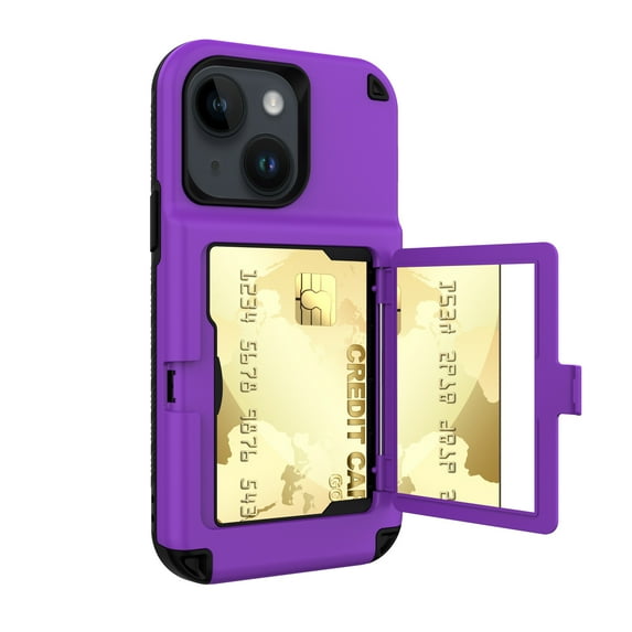 Allytech Luxury Case for iPhone 14 with Flip Card Slots Mirror Case Hard PC Soft Rubber Bumper Kickstand Function Full Body Protection Wallet Case For iPhone 14,Purple