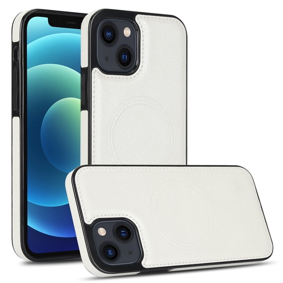 Allytech Luxury PU Leather Case for iPhone 13, Strong Magnet Compatible with MagSafe, Slim & Lightweight, Soft TPU Bumper Shockproof Anti-Fingerprint Cover Support Wireless Charging, White