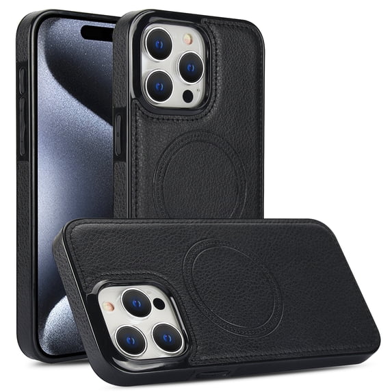 Allytech Luxury PU Leather Case for iPhone 14 Pro, Strong Magnet Compatible with MagSafe, Slim & Lightweight, Soft TPU Bumper Shockproof Anti-Fingerprint Cover Support Wireless Charging, Black