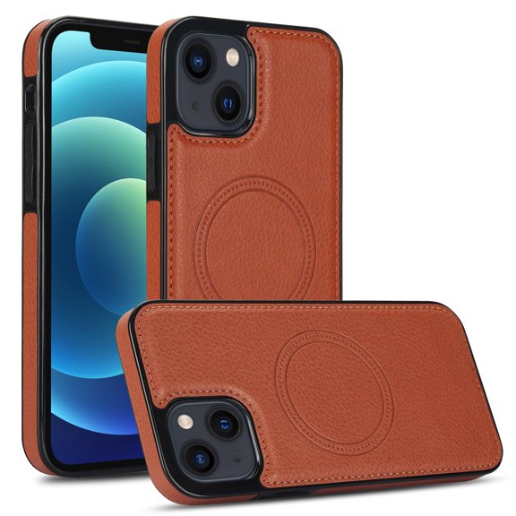Allytech Luxury PU Leather Case for iPhone 15, Strong Magnet Compatible with MagSafe, Slim & Lightweight, Soft TPU Bumper Shockproof Anti-Fingerprint Cover Support Wireless Charging, Brown