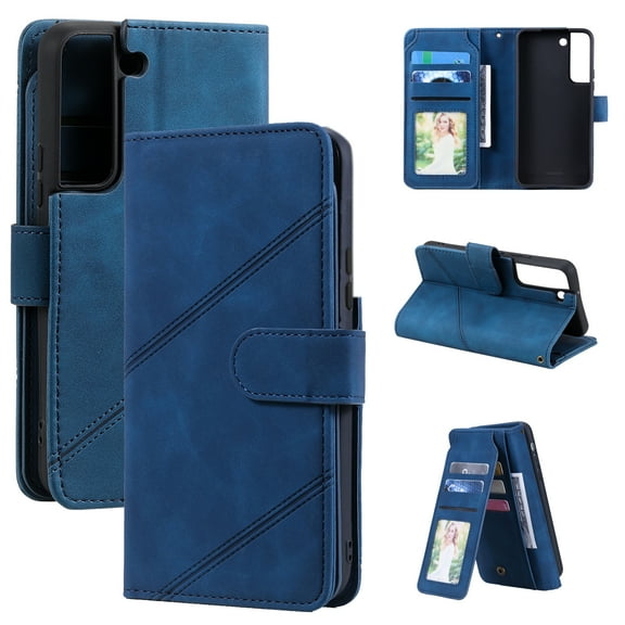 Allytech Luxury Wallet Case for Samsung Galaxy S23 with Wrist Strap, [9 Card Slots] [1 Cash Pocket] Premium PU Leather + Soft TPU Shockproof Magnetic Clasp Kickstand Protective Case, Blue