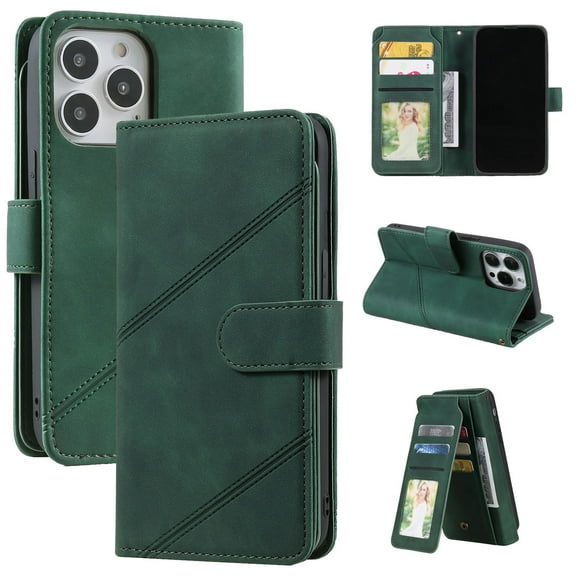 Allytech Luxury Wallet Case for iPhone 13 Pro Max with Wrist Strap, [9 Card Slots] [1 Cash Pocket] Premium PU Leather + Soft TPU Shockproof Magnetic Clasp Kickstand Protective Case, Green