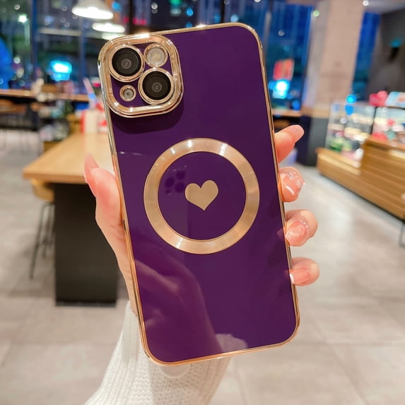 Allytech Magnetic Case for Apple iPhone 15 Case for Women Girls Compatible with MagSafe, Cute Love Heart Soft TPU Back Cover Raised Full Camera Lens Protection Phone Case, Purple