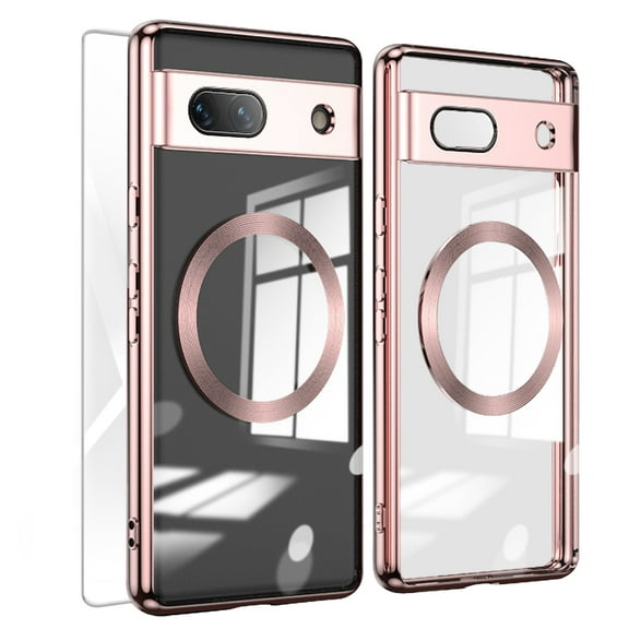 Allytech Magnetic Case for Google Pixel 7A, Google Pixel 7A Tempered Glass Screen Protector, With Camera Lens Protector Transparent Clear Shockproof Anti-Yellow Bumper Slim Cover Case - Rosegold