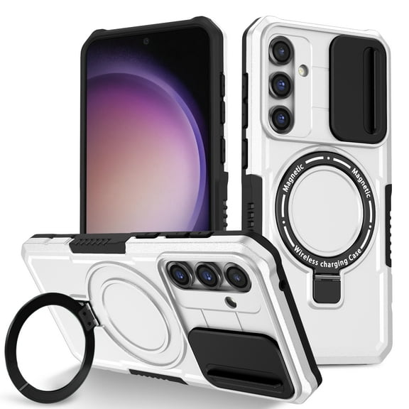 Allytech Magnetic Case for Samsung Galaxy S21 FE 5G with Lens Slide Cover, [Non-Slip] [Military Grade Protection] Slim Shockproof Ring Stand Case Support Wireless Charging, White