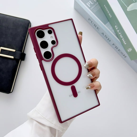 Allytech Magnetic Case for Samsung Galaxy S22 Ultra Compatible with MagSafe Wireless Charging, [Slim & Lightweight] Shockproof TPU Bumper Clear Matte Rugged Acrylic Back Case - Winered