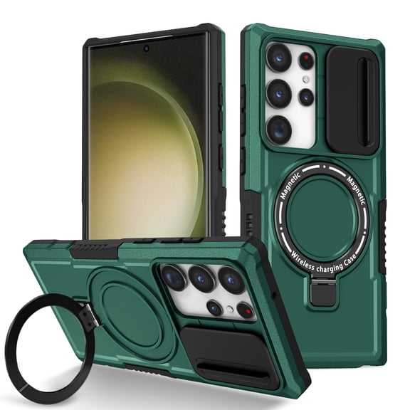 Allytech Magnetic Case for Samsung Galaxy S23 Ultra 5G with Lens Slide Cover, [Non-Slip] [Military Grade Protection] Slim Shockproof Ring Stand Case Support Wireless Charging, Darkgreen