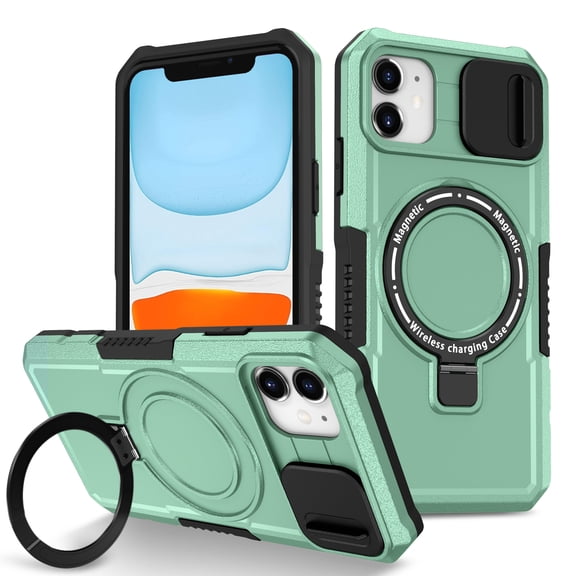 Allytech Magnetic Case for iPhone 11 with Lens Slide Cover, [Non-Slip] [Military Grade Protection] Slim Shockproof Ring Stand Case Support Wireless Charging, Lightgreen