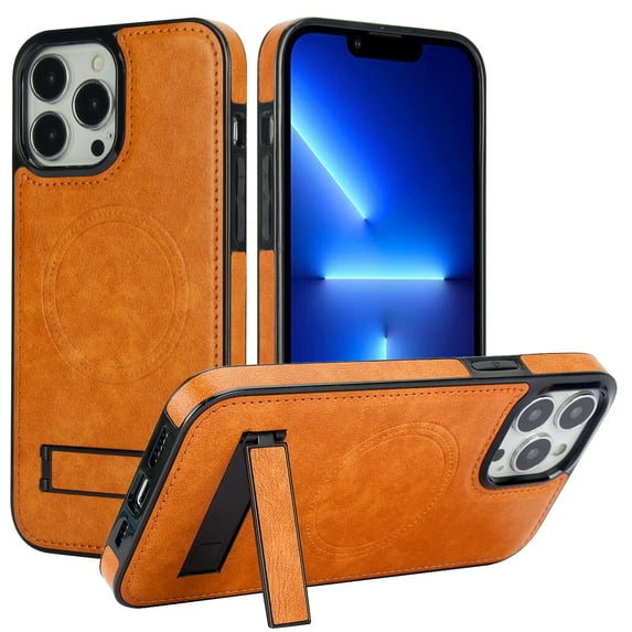 Allytech Magnetic Case for iPhone 13 Pro with Foldable Kickstand,【Compatible Magsafe】Ultra Slim Retro PU Leather Camera Screen Protection Shockproof Anti-Drop Back Case for Women Men - Khaki