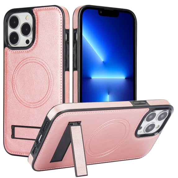 Allytech Magnetic Case for iPhone 13 Pro Max with Foldable Kickstand,【Compatible Magsafe】Ultra Slim Retro PU Leather Camera Screen Protection Shockproof Anti-Drop Back Case for Women Men - Rosegold