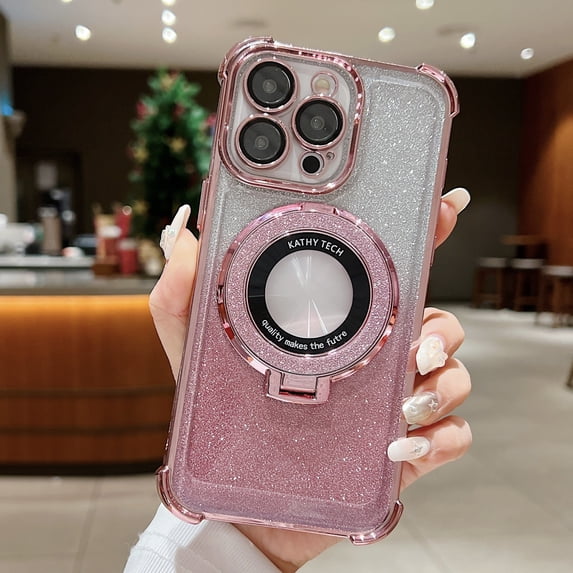 Allytech Magnetic Case for iPhone 14 Plus, Stylish Gradient Glitter Bling Case Compatible with MagSafe, Soft TPU Kickstand Lens Protection Slim Lightweight Shockproof Clear Cover Case - Pink