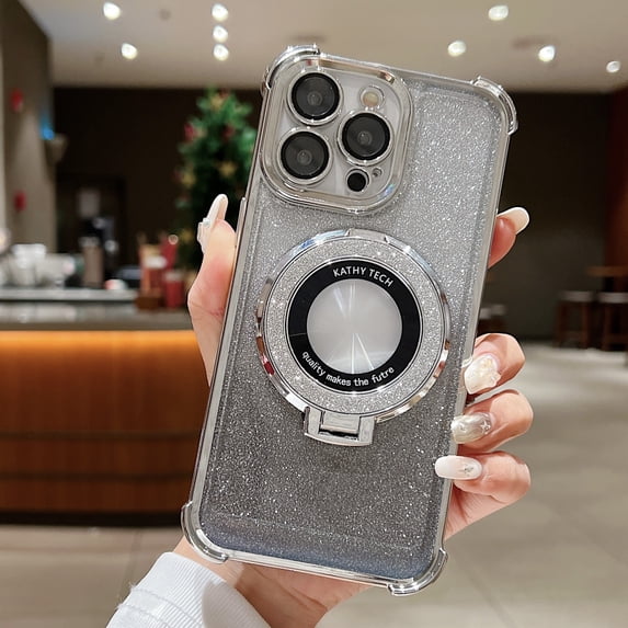 Allytech Magnetic Case for iPhone 14 Pro Max, Stylish Gradient Glitter Bling Case Compatible with MagSafe, Soft TPU Kickstand Lens Protection Slim Lightweight Shockproof Clear Cover Case - Silver