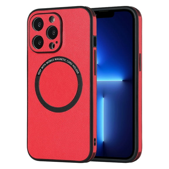 Allytech Magnetic Case for iPhone 15 - Four Corners Drop Protection - Compatible with MagSafe - Ultra Thin Lightweight Luxury PU Leather Shockproof Camera Protection Case Cover, Red