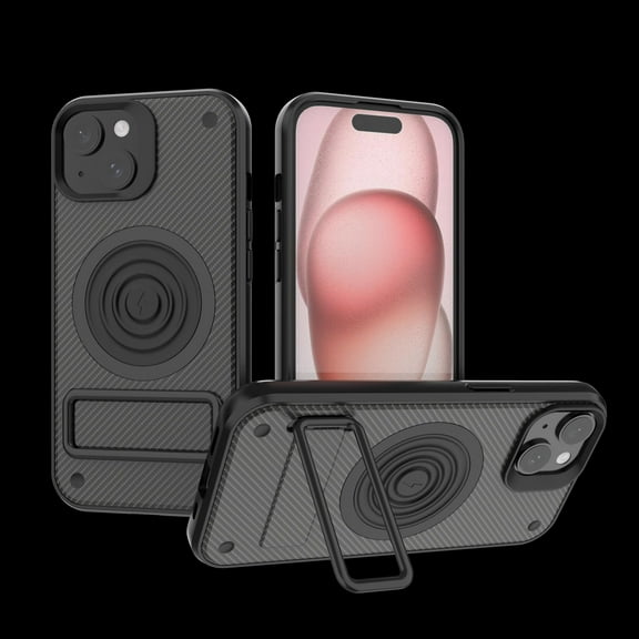 Allytech Magnetic Case for iPhone 15 Plus, Fashion Carbon Fiber Texture Slim Cover with Metal Kickstand, Soft Frame Shockproof Wireless Charging Hard PC Case for iPhone 15 Plus - Black