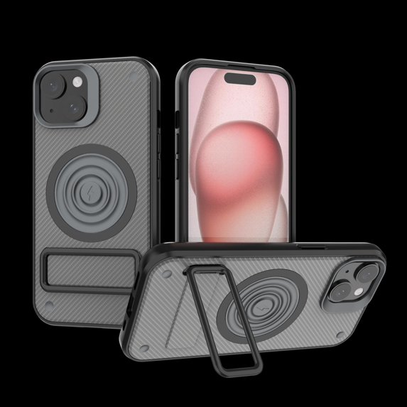 Allytech Magnetic Case for iPhone 15 Plus, Fashion Carbon Fiber Texture Slim Cover with Metal Kickstand, Soft Frame Shockproof Wireless Charging Hard PC Case for iPhone 15 Plus - Grey