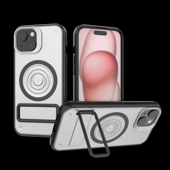 Allytech Magnetic Case for iPhone 15 Plus, Fashion Carbon Fiber Texture Slim Cover with Metal Kickstand, Soft Frame Shockproof Wireless Charging Hard PC Case for iPhone 15 Plus - Silver